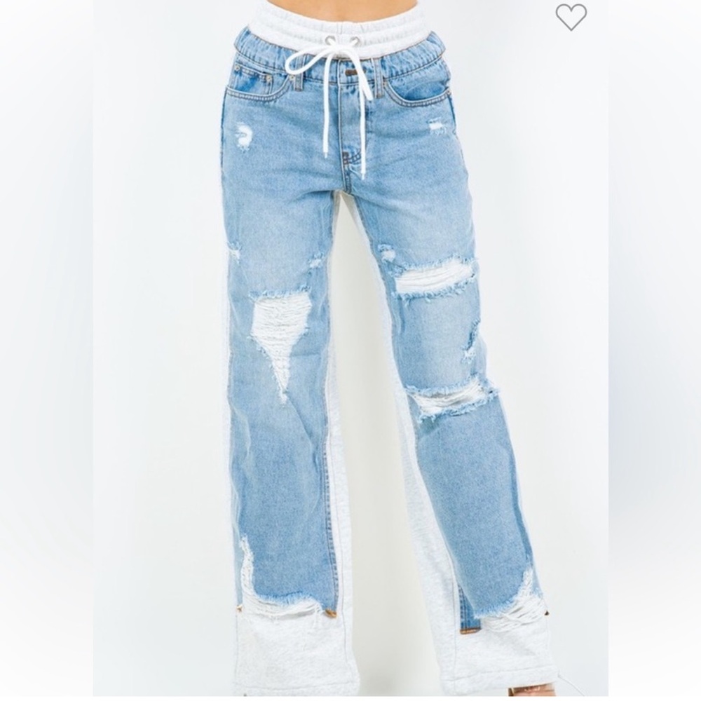 Distressed Combo Denim French Terry Jeans